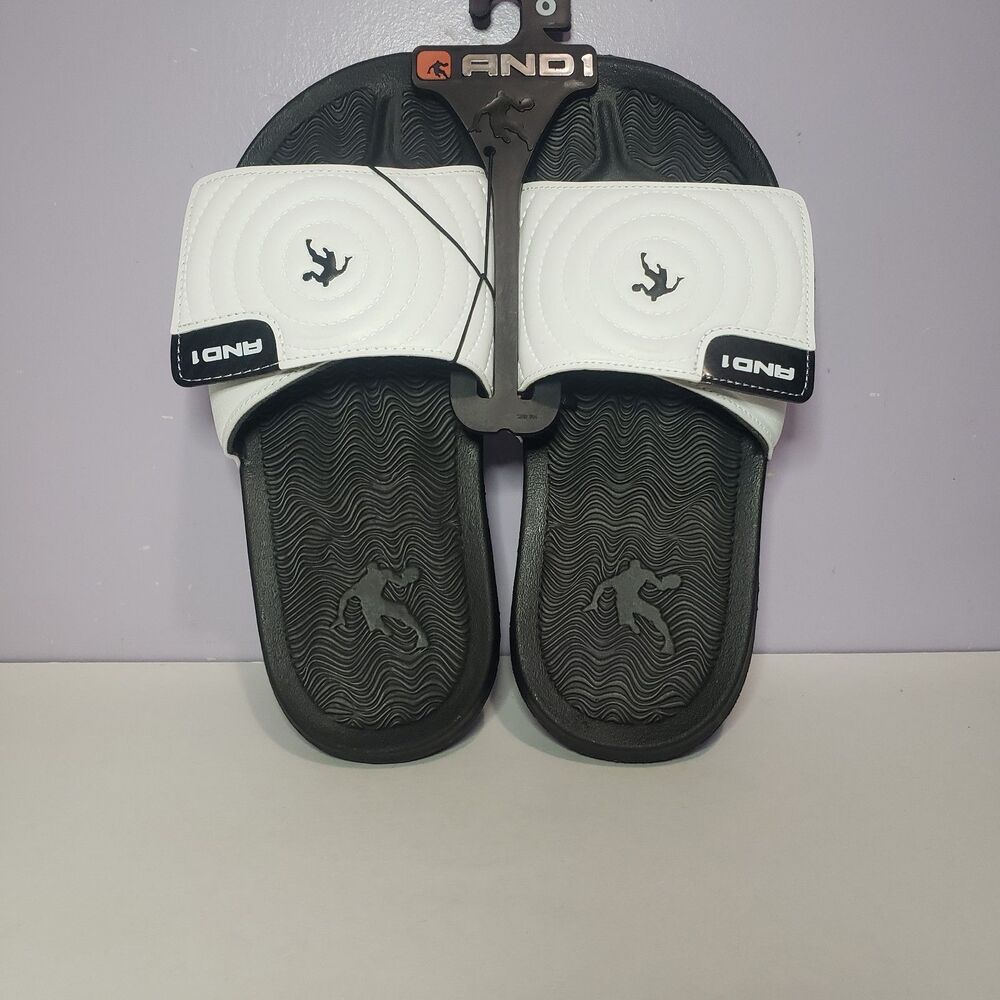 AND1  NWT White Black Men's Unisex Slides Slip On Sandals Sz 8